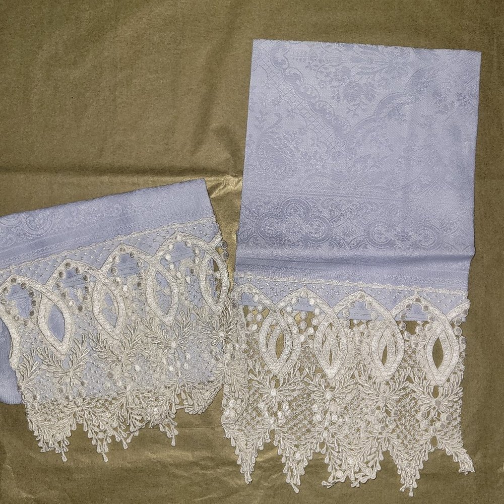 2 - Austrian Blue Jacquard Patterned/Lace Hand Towels